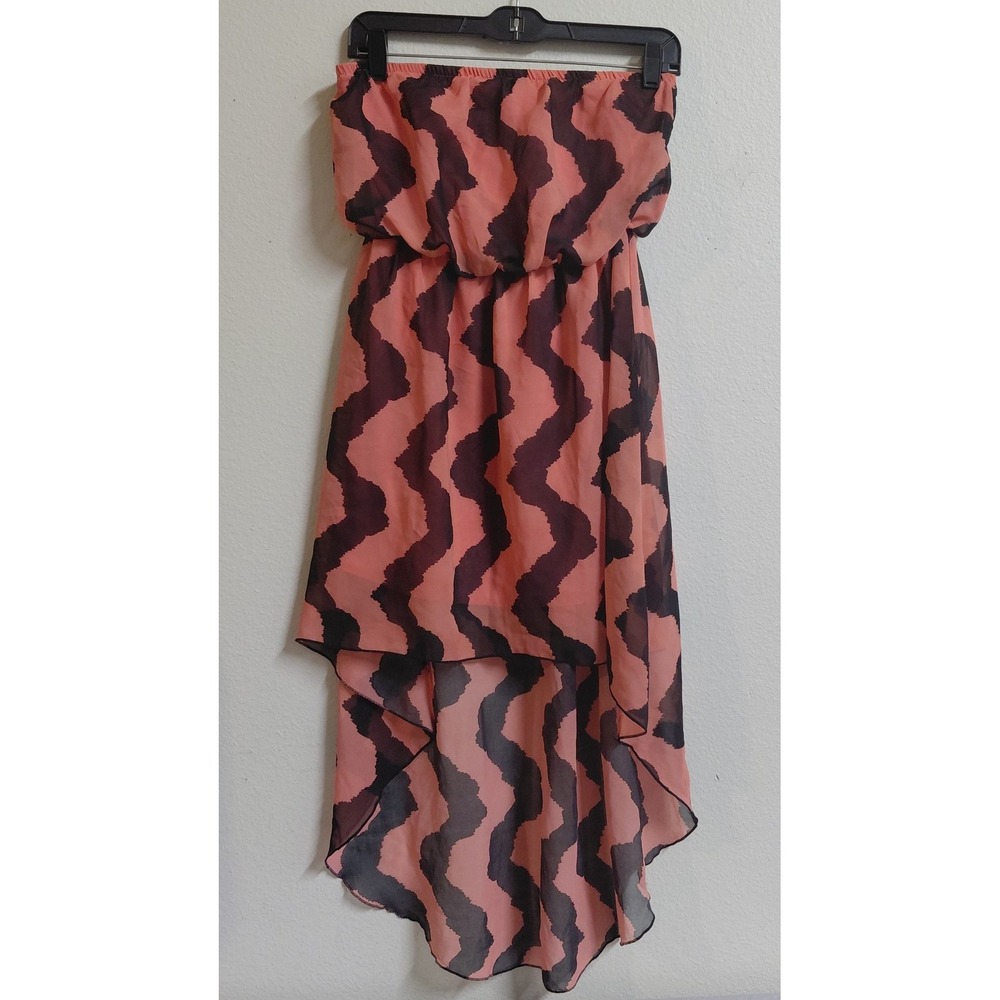 Poetry Clothing Women's L Strapless High Low Midi Dress Coral Black Abstract